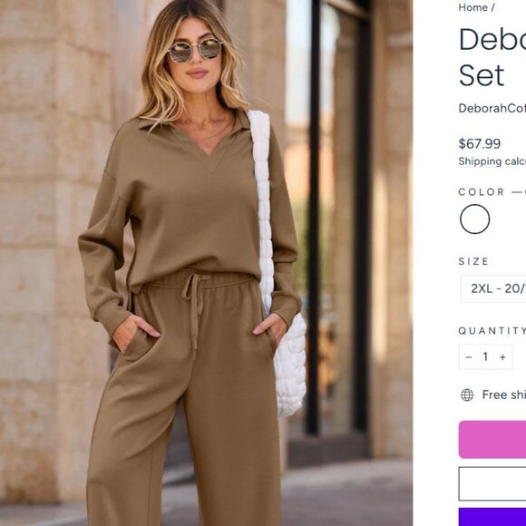 2-Piece Lounge Set: Coffee Brown V-Neck Top and Wide Leg Pants - Picture 6 of 9